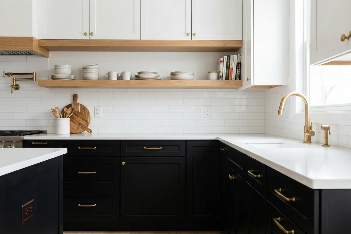 Kitchen with black lower cabinets and white upper cabinets, concept render