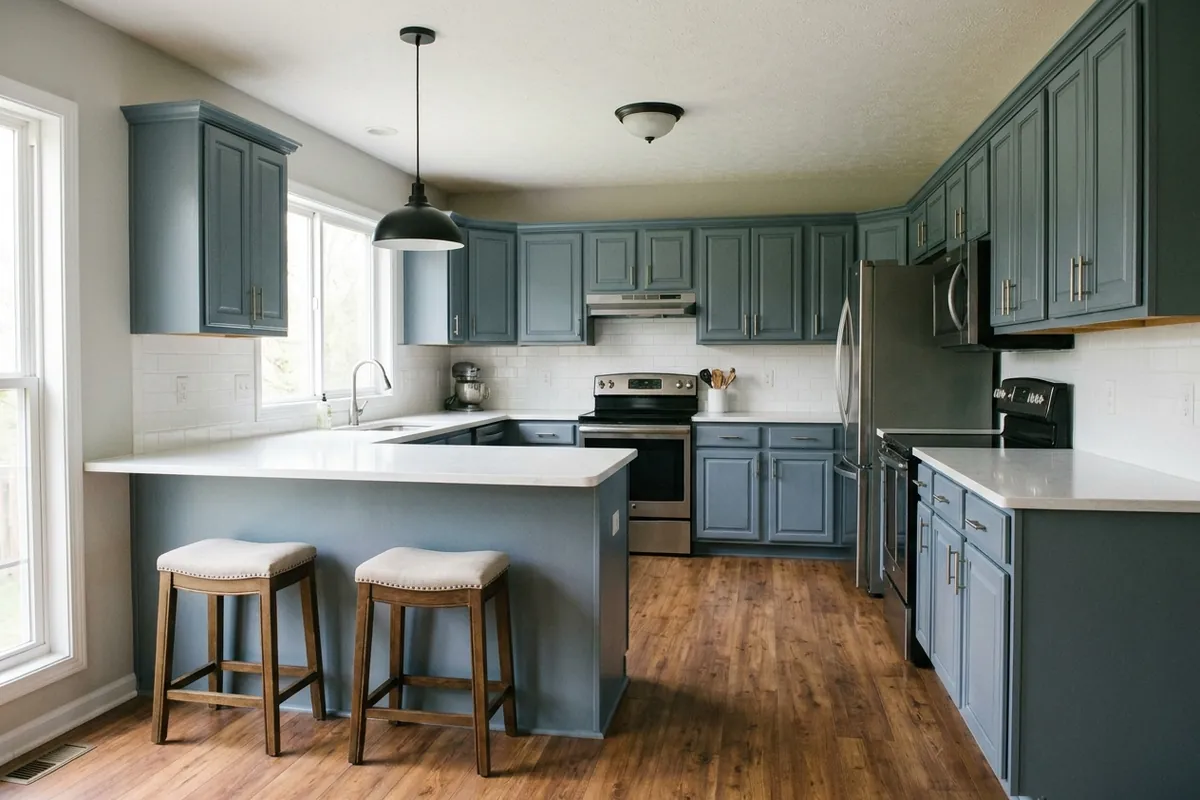 Kitchen with blue-grey painted cabinets and a peninsula, concept render