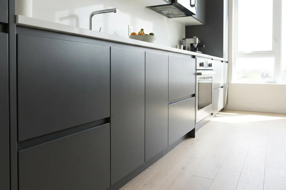 Flat slab kitchen cabinets resprayed in charcoal lacquer, concept render