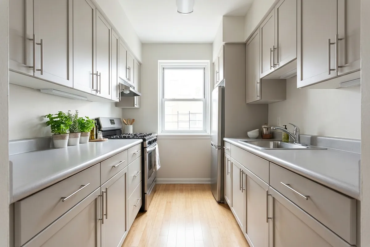 Small galley kitchen with greige painted cabinets, concept render