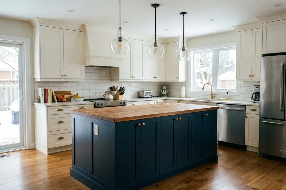 Kitchen with a navy painted island and white painted perimeter cabinets, concept render