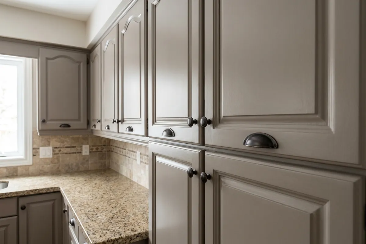 Oak kitchen cabinets refinished with the grain filled in a smooth warm grey satin finish, concept render