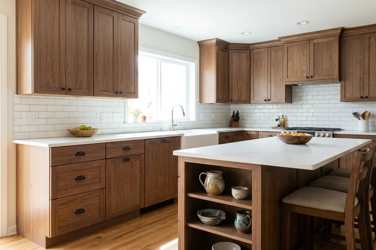 Kitchen refaced with walnut-look shaker doors, concept render