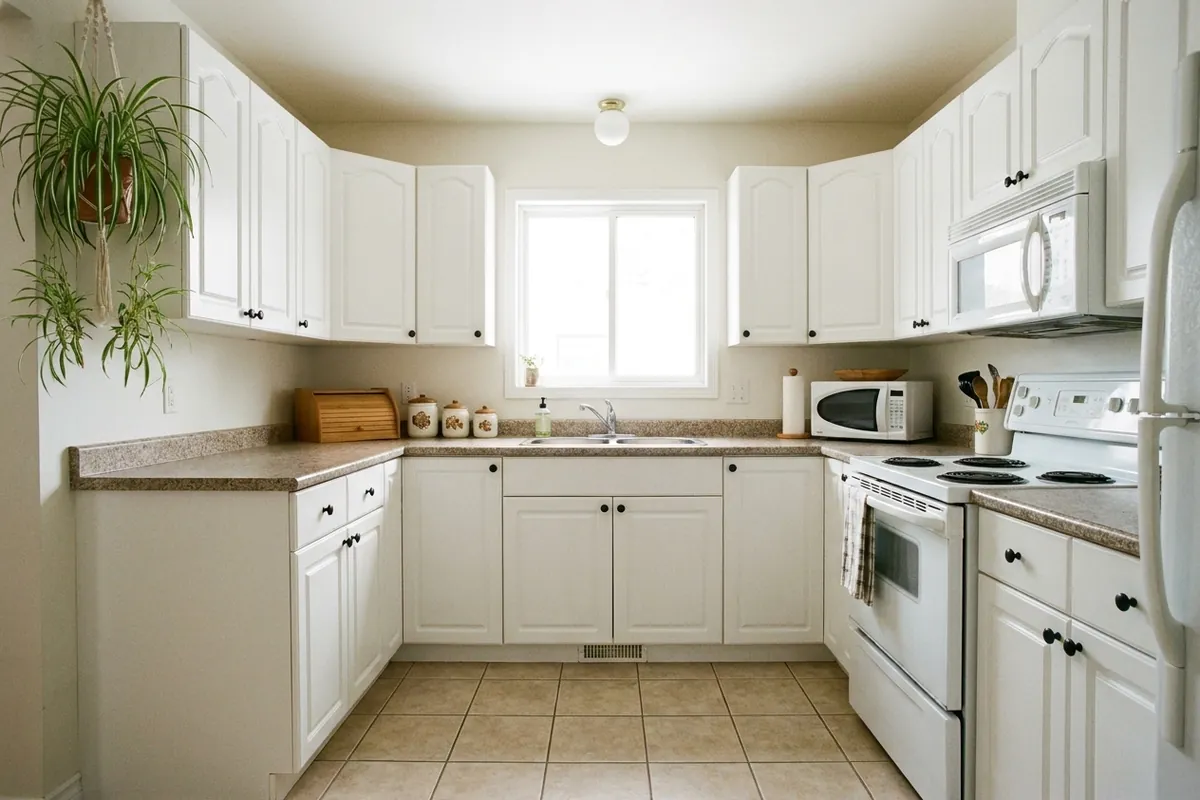 Kitchen converted from dark stained cabinets to bright white, concept render