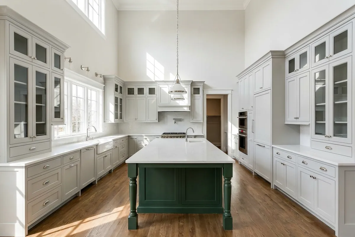 Large kitchen with light grey perimeter cabinets and a deep green island, concept render