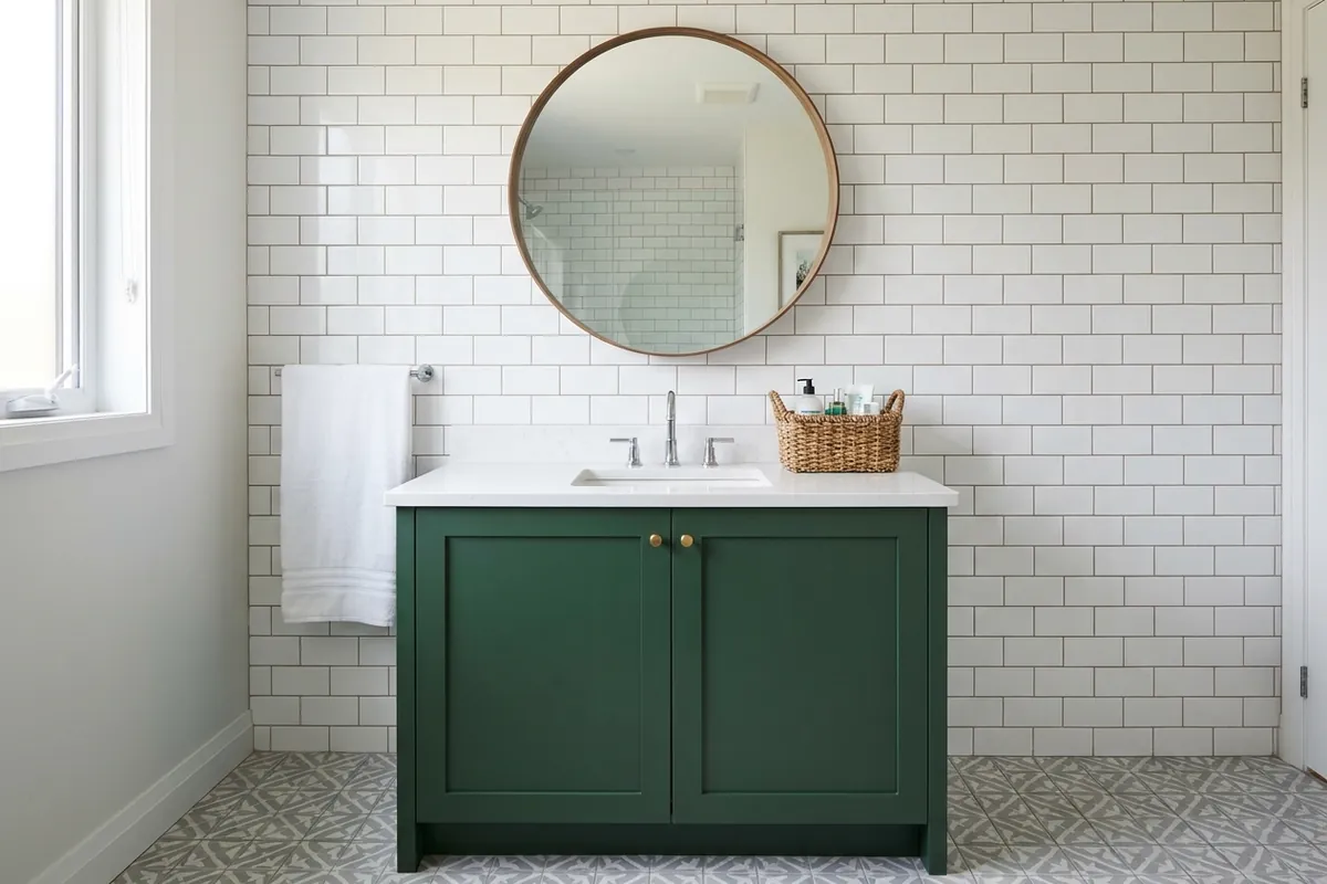 Bathroom vanity painted deep green, concept render